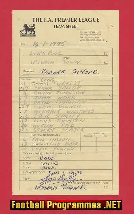 Liverpool v Ipswich Town 1995 - Referee Genuine Team Sheet IP