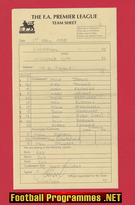 Liverpool v Leicester City 1995 - Referee Genuine Team Sheet LV