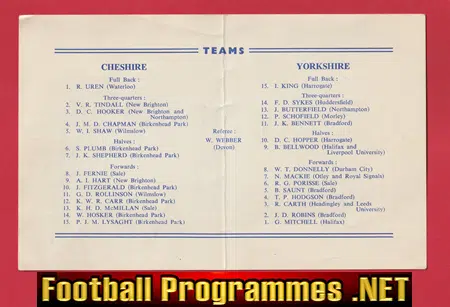Cheshire Rugby v Yorkshire 1953 - at Sale Rugby Club Manchester
