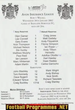 Bury v Walsall 2002 - Reserves Match