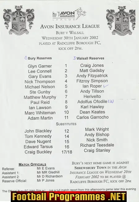 Bury v Walsall 2002 – Reserves Match