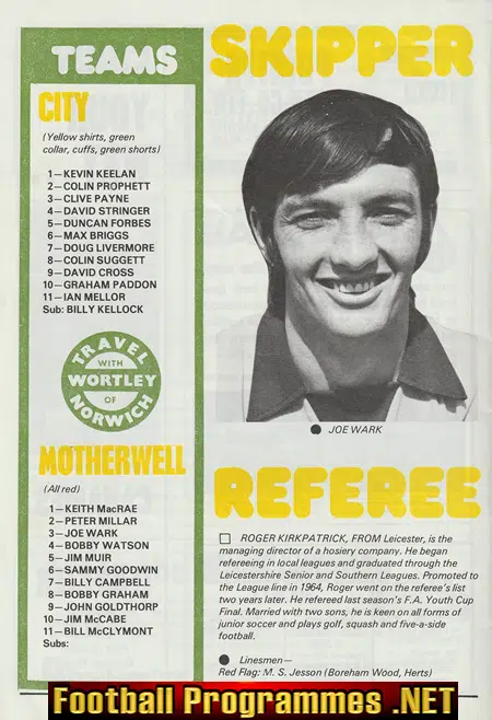 Norwich City v Motherwell 1973 - Texaco Cup Match