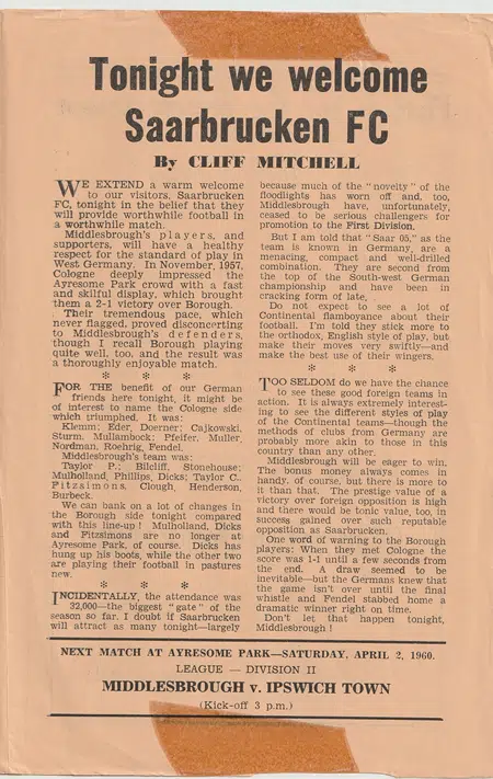 Middlesbrough v Saarbrucken 1960 - German Germany Football Team