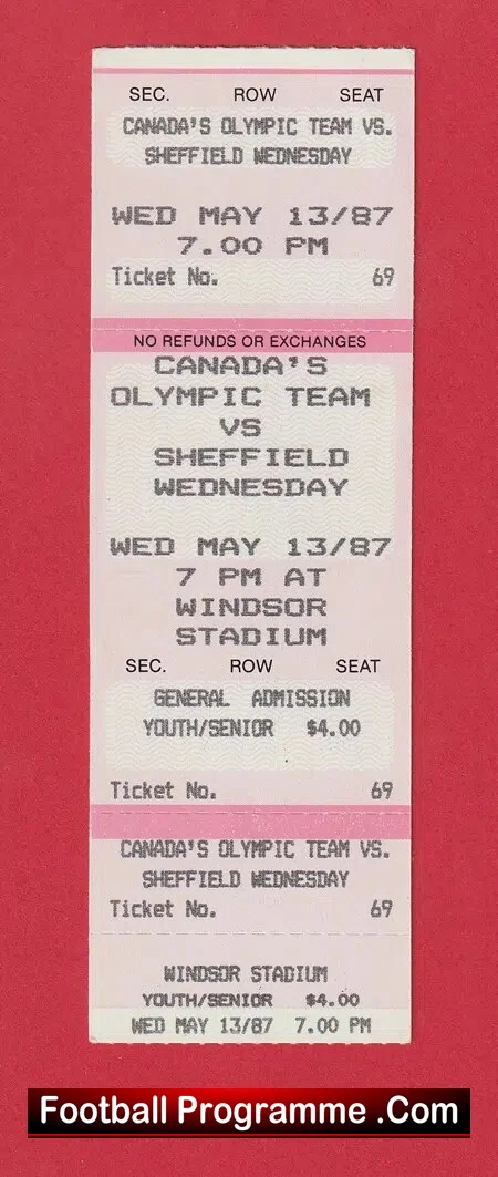 Canada Olympic Football Team v Sheffield Wednesday 1987 – Ticket