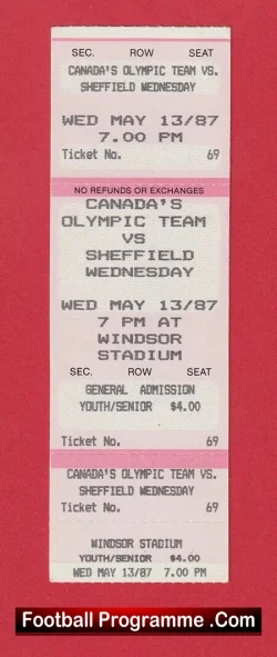 Canada Olympic Football Team v Sheffield Wednesday 1987 – Ticket