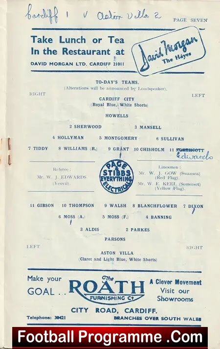 Cardiff City v Aston Villa 1953 - 1950s Programme