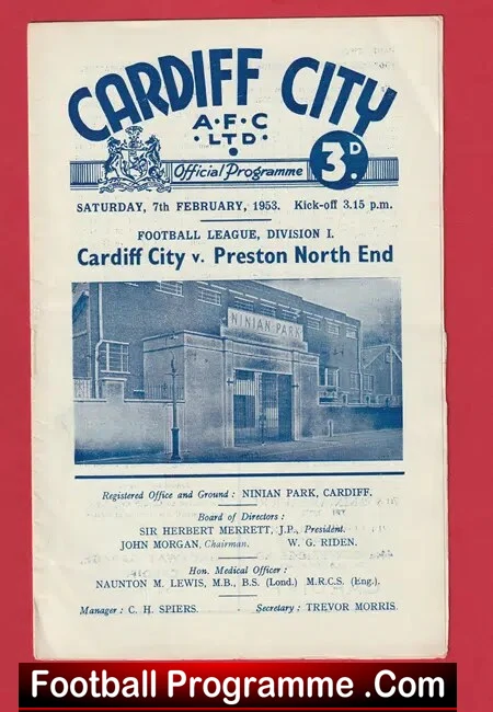 Cardiff City v Preston 1953 - 1950's Programmes