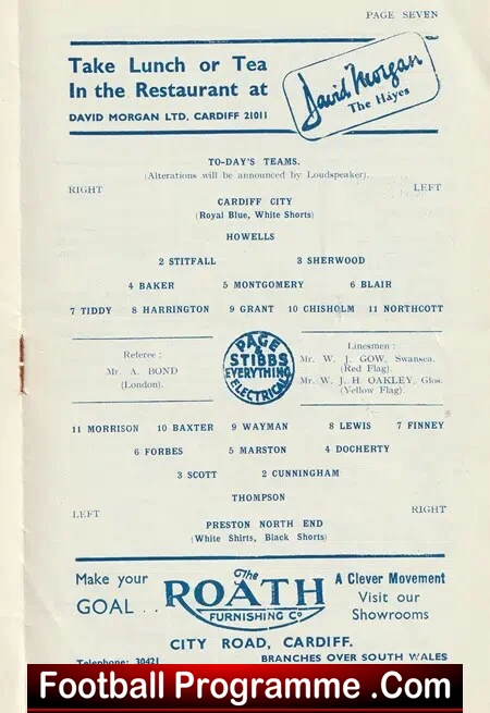 Cardiff City v Preston 1953 - 1950's Programmes
