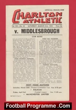 Charlton Athletic v Middlesbrough 1953 - football programme