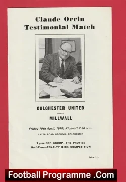 Claude Orrin Testimonial Benefit Match Colchester United 1970 - football programme