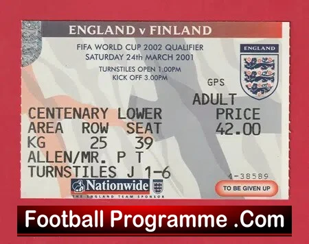 England v Finland 2002 – Football Ticket