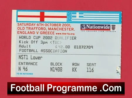 England v Greece 2001 – Football Ticket