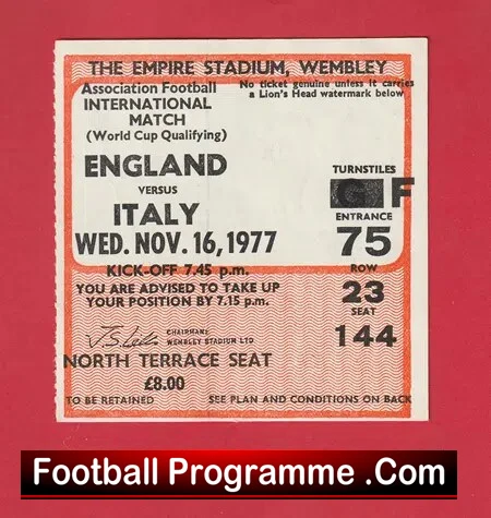 England v Italy 1977 – Football Ticket