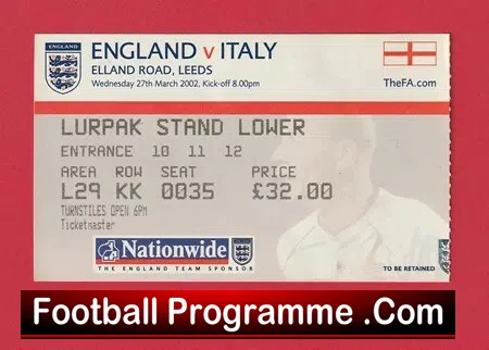 England v Italy 2002 – Football Ticket
