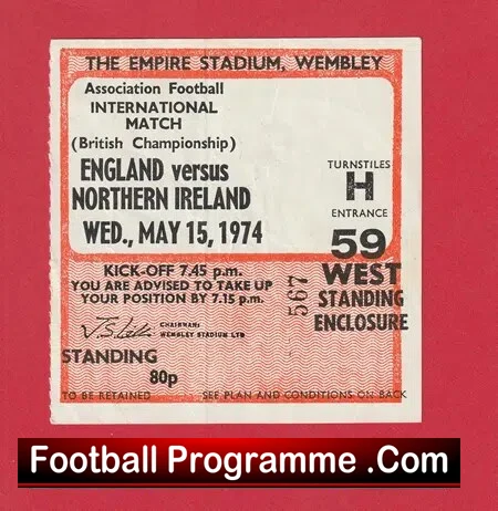 England v Northern Ireland 1974 – Football Ticket