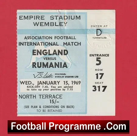 England v Rumania 1969 – Football Ticket