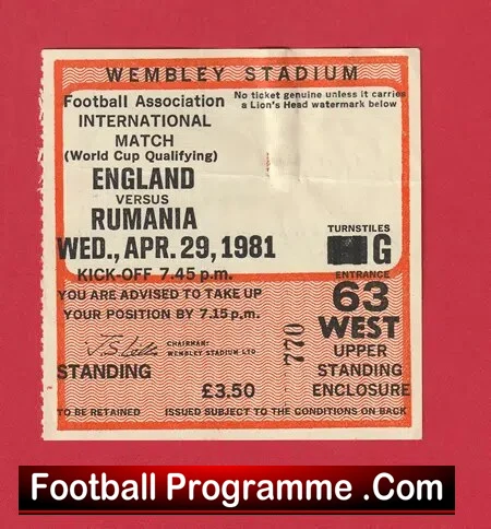 England v Rumania 1981 – Football Ticket