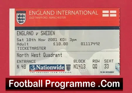 England v Sweden 2001 – Football Ticket