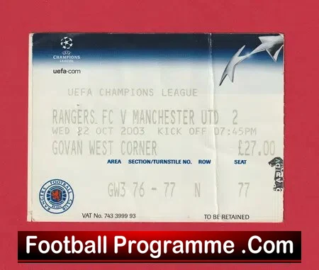 Glasgow Rangers v Manchester United 2003 – Match Ticket Scotland