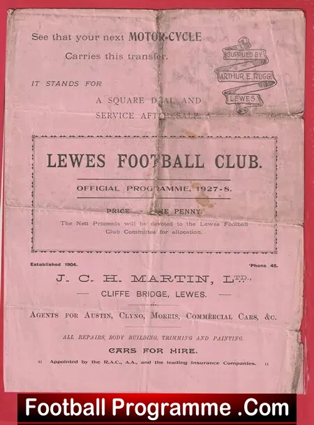 Lewes v Southwick 1927 – 1920’s Football Programme
