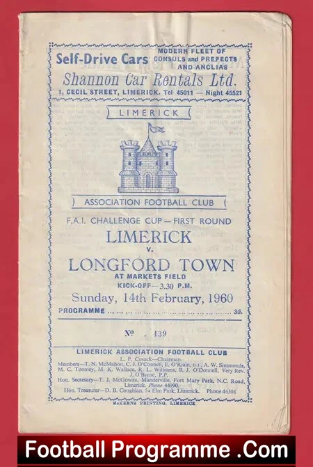 Limerick v Longford Town 1960 – Irish Football Programme