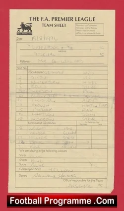 Liverpool v Arsenal 1996 - Referee Genuine Team Sheet AR - football memorabilia