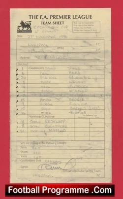 Liverpool v Arsenal 1996 - Referee Genuine Team Sheet LV - football memorabilia