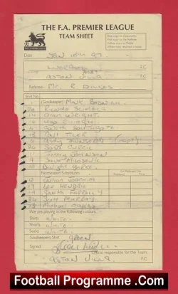 Liverpool v Aston Villa 1997 – Referee Genuine Team Sheet AV