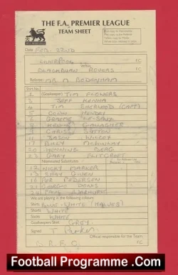 Liverpool v Blackburn Rovers 1997 - Referee Genuine Team Sheet L - football memorabilia