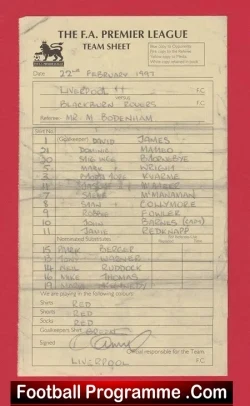 Liverpool v Blackburn Rovers 1997 - Referee Genuine Team Sheet L - football memorabilia