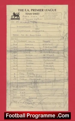 Liverpool v Charlton Athletic 1996 Referee Genuine Team Sheet LV - football memorabilia