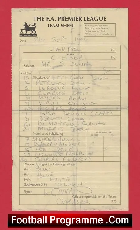 Liverpool v Chelsea 1996 - Referee Genuine Team Sheet CH