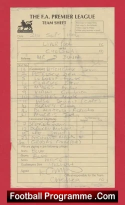 Liverpool v Chelsea 1996 - Referee Genuine Team Sheet CH - football memorabilia