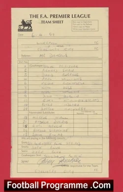 Liverpool v Coventry City 1997 - Referee Genuine Team Sheet LV - football memorabilia