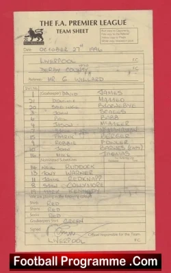Liverpool v Derby County 1996 - Referee Genuine Team Sheet LV - football memorabilia