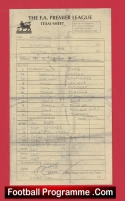 Liverpool v Everton 1996 - Referee Genuine Team Sheet LV - football memorabilia