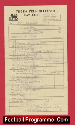 Liverpool v Leeds United 1997 - Referee Genuine Team Sheet LV - football memorabilia
