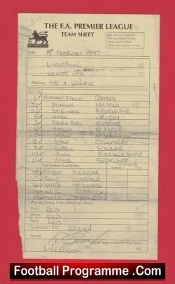 Liverpool v Leeds United 1997 - Referee Genuine Team Sheet LV - football memorabilia