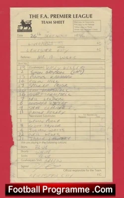 Liverpool v Leicester City 1996 - Referee Genuine Team Sheet LC - football memorabilia