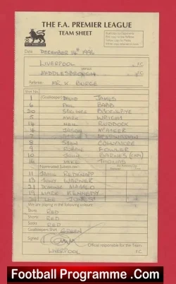Liverpool v Middlesbrough 1996 - Referee Genuine Team Sheet LV - football memorabilia
