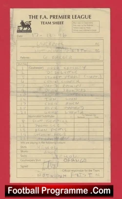 Liverpool v Nottingham Forest 1996 Referee Genuine Team Sheet NF