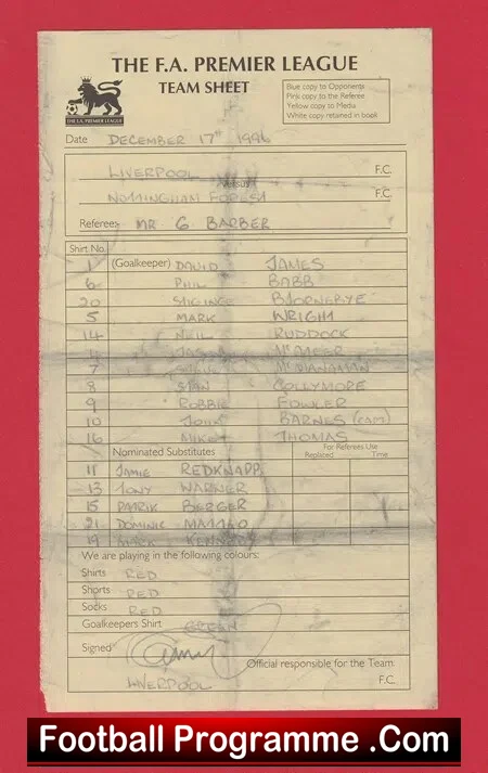 Liverpool v Nottingham Forest 1996 Referee Genuine Team Sheet LV