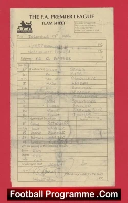 Liverpool v Nottingham Forest 1996 Referee Genuine Team Sheet LV