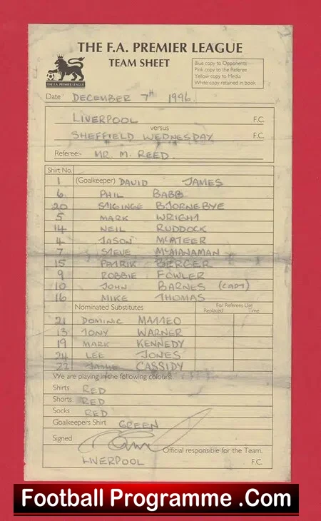 Liverpool v Sheffield Wednesday 1996 Referee Genuine Team Sheet