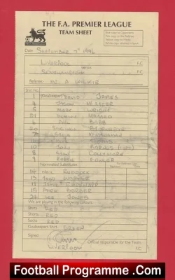 Liverpool v Southampton 1996 - Referee Genuine Team Sheet - football memorabilia