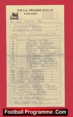 Liverpool v Sunderland 1996 - Referee Genuine Team Sheet SU - football memorabilia