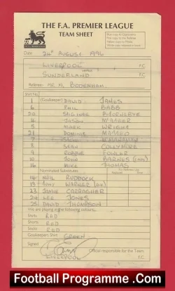 Liverpool v Sunderland 1996 - Referee Genuine Team Sheet LV - football memorabilia