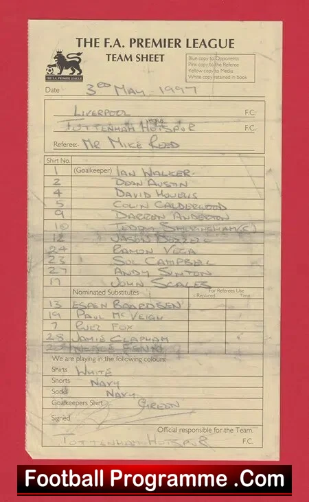 Liverpool v Tottenham 1997 – Referee Genuine Team Sheet TH