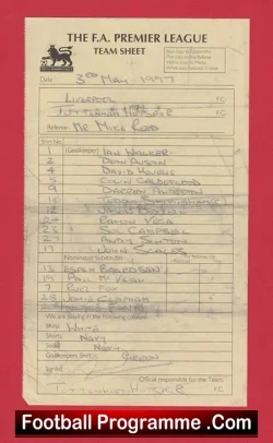 Liverpool v Tottenham 1997 – Referee Genuine Team Sheet TH