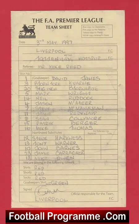 Liverpool v Tottenham 1997 – Referee Genuine Team Sheet LV